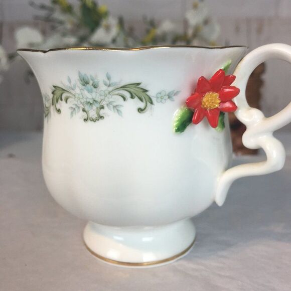 Vintage 70s Enesco December Dainty Green Floral Bone China Teacup Set - Picture 5 of 10